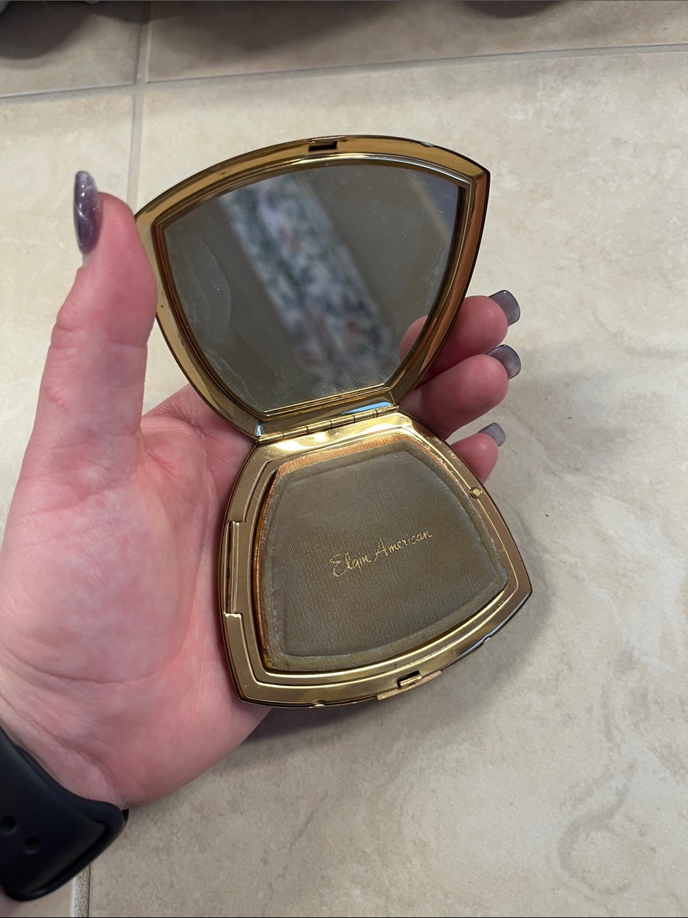 Vintage Elgin American Compact Mirror Powder Compact Floral Engraved Gold Tone